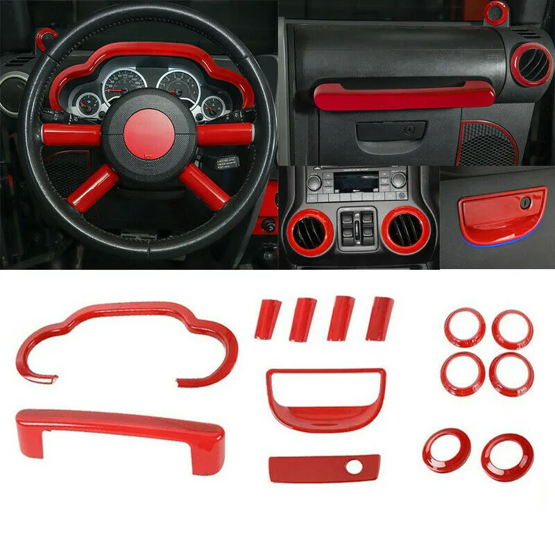Комплект салона автомобиля из АБС-пластика, отделка приборной панели рулевого колеса, 14 шт., красный цвет для Jeep Wrangler JK 2007 2008 2009 2010