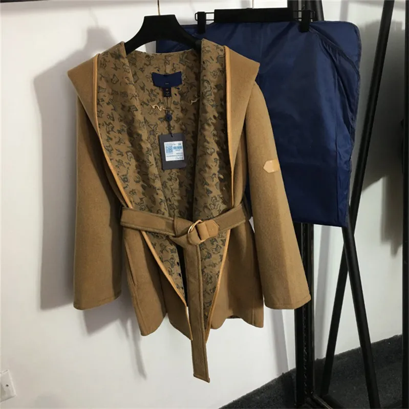 Chich capuz casaco de lã de alta qualidade lace up cintura sobretudo manga longa flor velha impresso outerwear com saco de poeira
