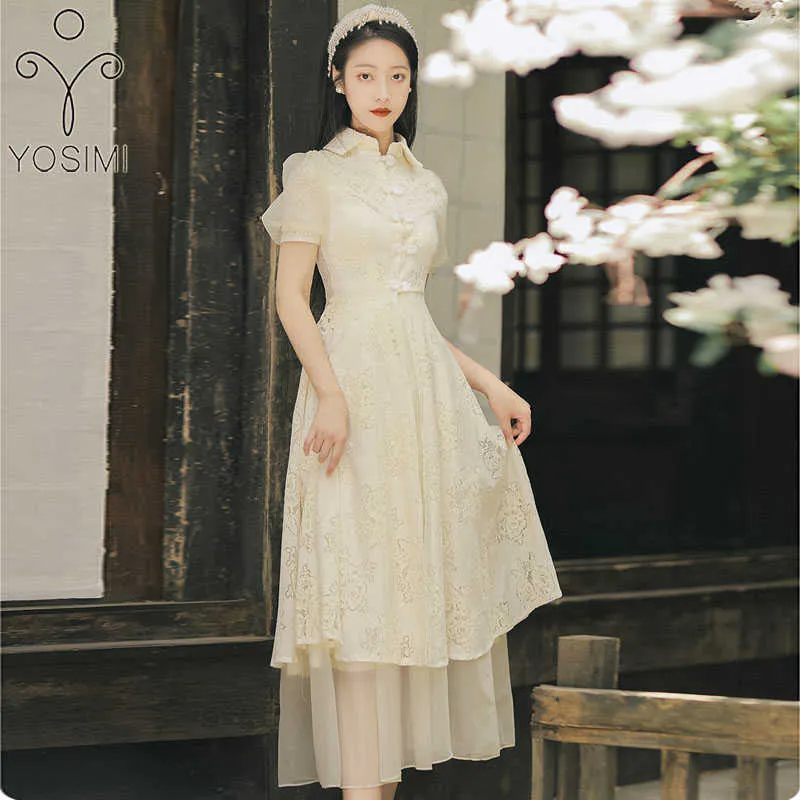 Yosimi Lace Lange Vrouwen Jurk Elegante Zomer Korte Mouw Mid-Calf Fit en Flare 2 Stuk Set Chinese Stlye Cheongsam 210604