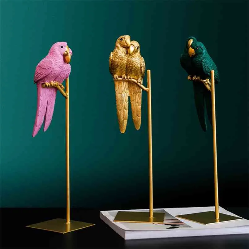 Résine créative nordique simulée animal chanceux perroquet oiseau artisanat ornements or moderne maison décoration de bureau figurines cadeau 210804