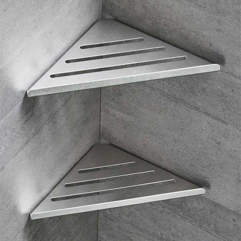 304 Stainless Steel Bathroom Shelf 2 Layer Corner Frame Triangle Basket Brushed Silver Bahtroom Accessories Set 211112