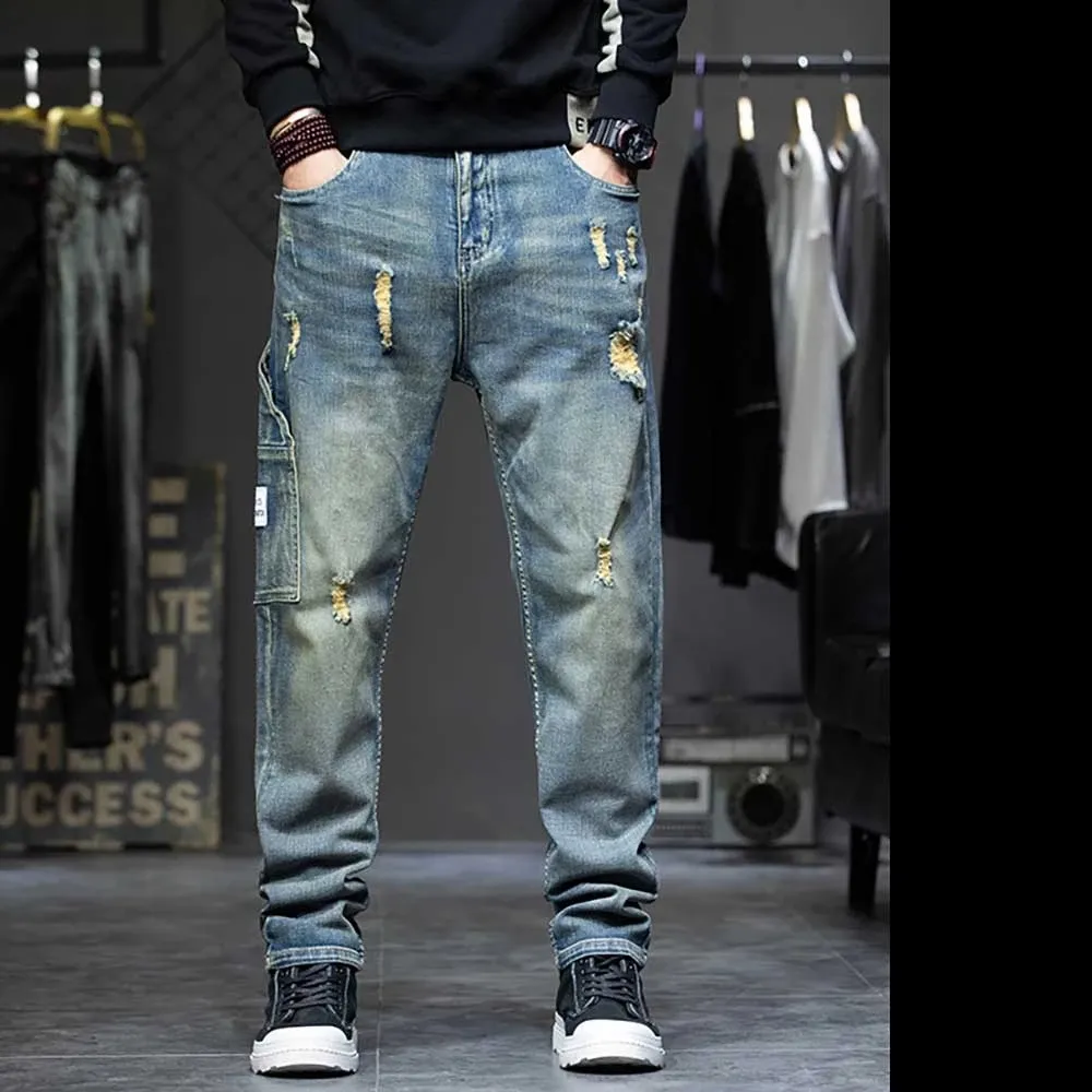 Trendy Cargo Hosen Männer Casual Distressed Jeans Patchwork Lose Baggy Hosen Streetwear Denim Plus Größe Retro Jean Herrenbekleidung