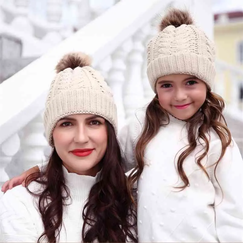 Arrival Winter Knitted Hair Ball Hats for Mommy and Me Matching Hat Warm Soft 210528