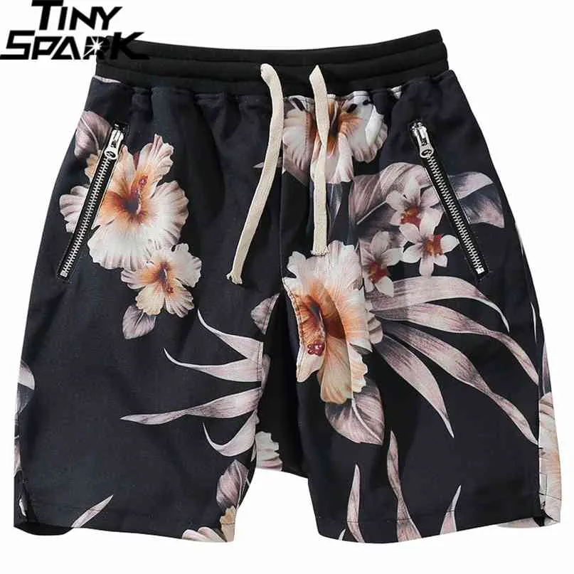 Verão Hip Hop Curto Jungers Harajuku S Streetwear Floral Impressão Zíper Bolso Elástico Cintura Faixa Baggy Black 210713