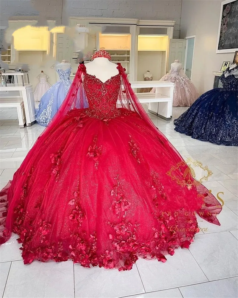 Abito da ballo principessa con scollo a cuore rosso con perline Fiori 3D Abiti Quinceanera con mantello Dolce 15 16 Abito da ballo Robe De Bal