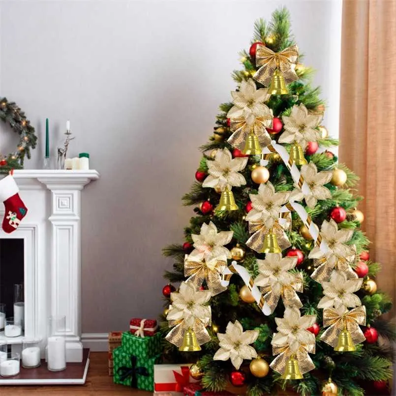 Weihnachtsbaum Dekoration Künstliche Blumen mit Schleife Schneeflocke Glocke Cane Clip für Weihnachten Ornamente Jahr Dekor 211019