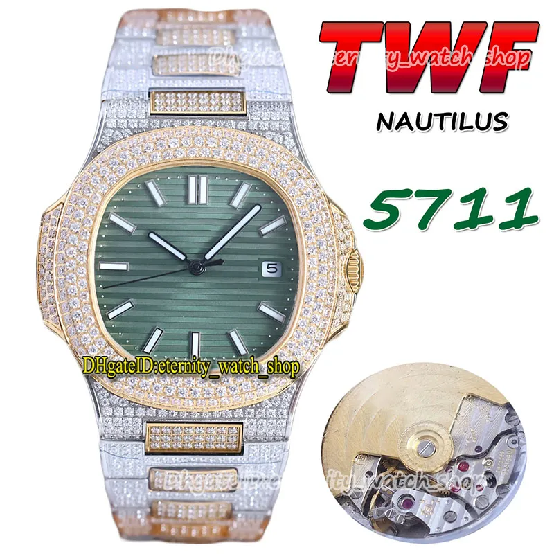 TWF 5711 PP324 A324 Relógio masculino automático Pavimentado Versão com diamantes Mostrador verde Vara totalmente congelada Diamante Aço inoxidável Dois tons Pulseira eternidade Jóias Relógios