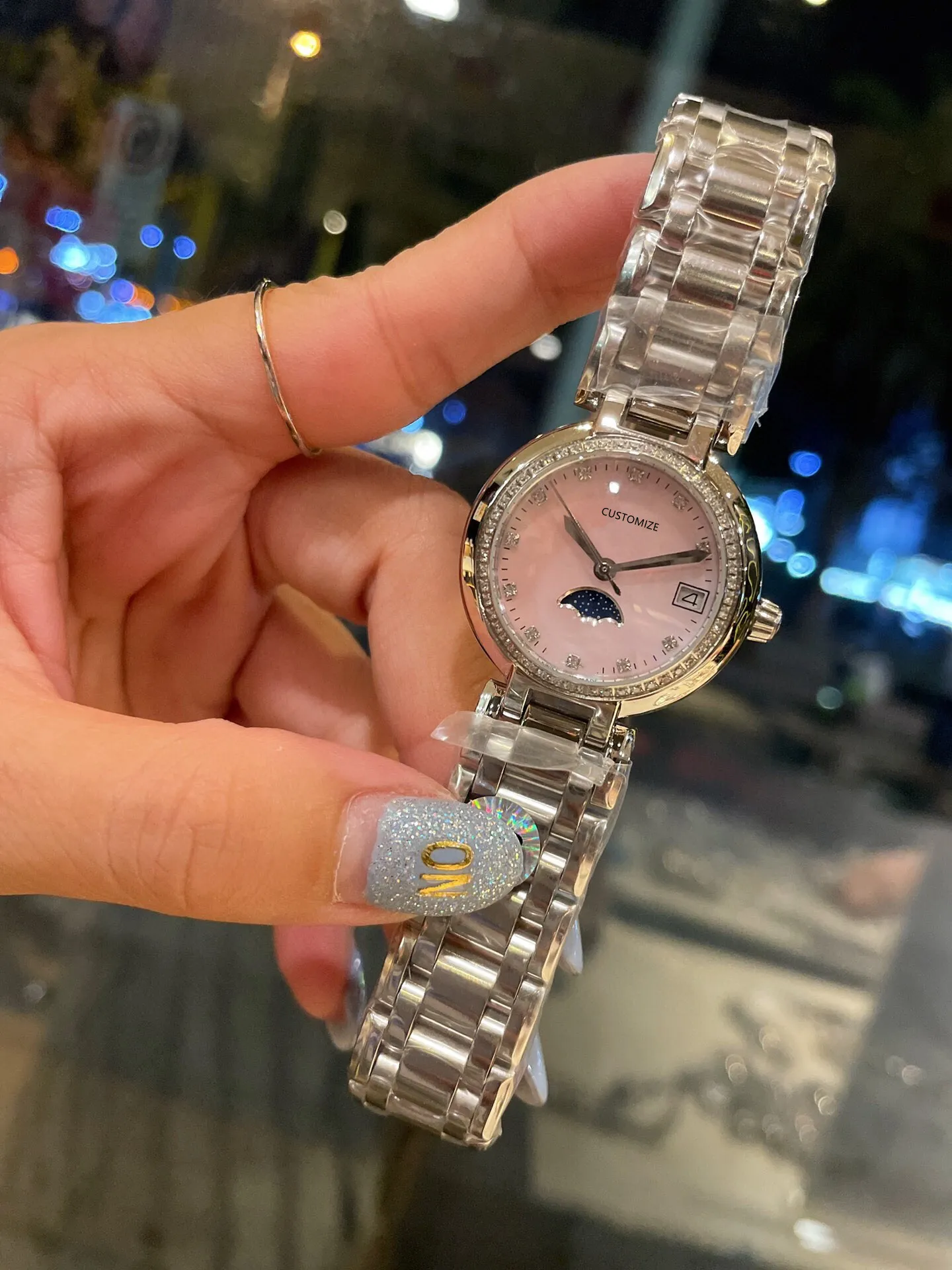 Mode Vrouwen Geometrische Maan en Ster Horloge Nieuwe Rvs cz Quartz Horloges Dame Roze Parelmoer Wijzerplaat 31mm