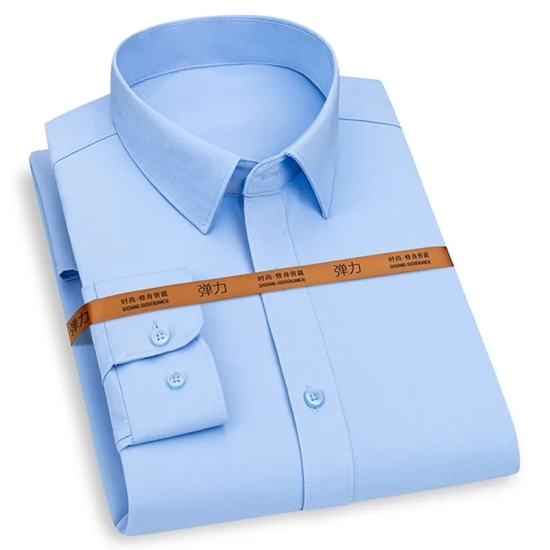 Mäns Klänningskjorta Formell Elastisk Mode Solid Färg Pocket-Mindre Non-Iron Classic Business Arbete Långärmad Smart Casual Shirt 210708