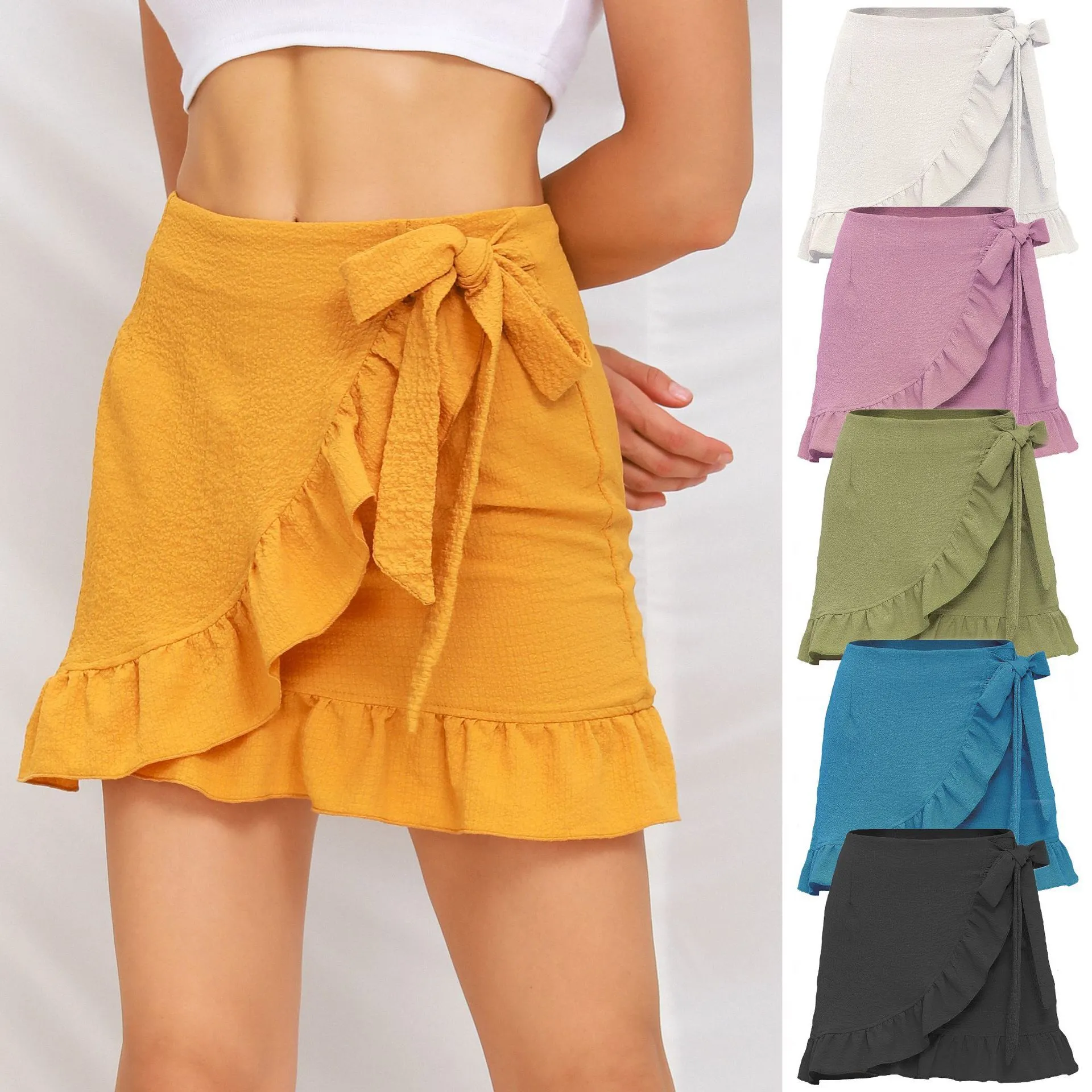 Seersucker Solid Color Lace Up Zipper Mini Skirt Women Ladies Summer Ruffled High Waist Skirt Plus Size Womens Clothing 210315 From 8 47 DHgate