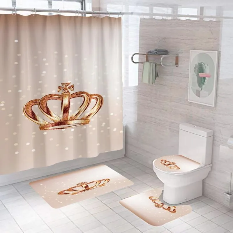 Curtains Shower Pink Crown Flowers Printed Curtain Set Simple Marble Bath Bathroom Decor With Hooks Anti-slip Bathing Mats Rugs room ing