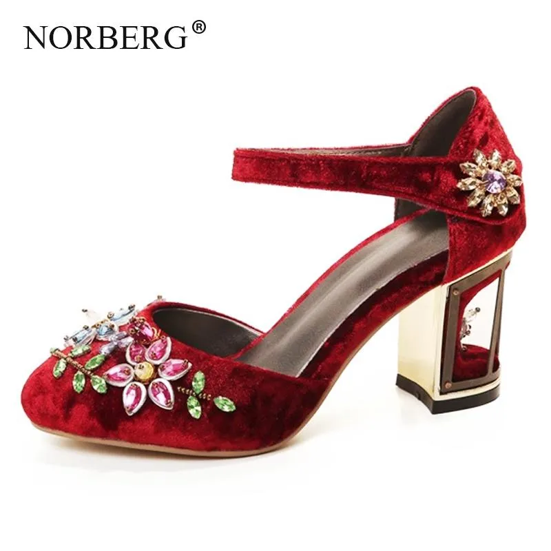 Dress Shoes Norberg Fashion Women's High Heels Fancy Square Handmade Rhinestone Wedding Crystal Flower Mary Janes Heel 7,5 cm
