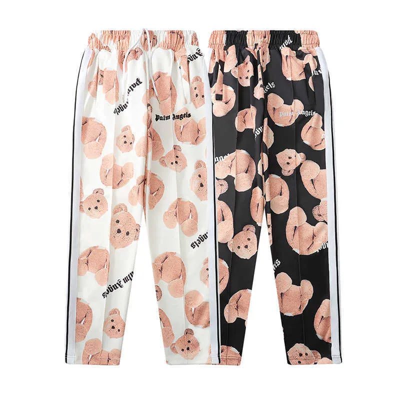 Fashion brand PA Angel style sports school uniform pants full print bear splicing ribbon straight casual pants