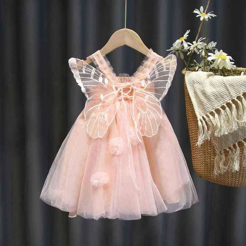 2021 Meisjes Baby Zomerjurk Vlinder Vleugel Mesh Prinses Jurk Bretels Verjaardagsfeestje Pluizige Kanten Jurk G1129