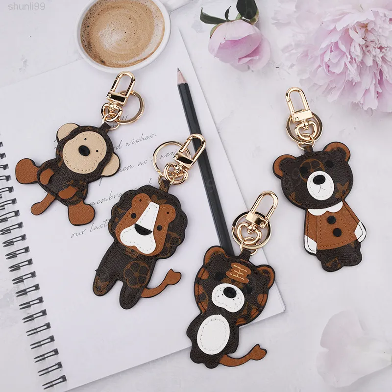 Fashion Woman Flower PU Leather Key Chains Bear Tiger Monkey Lion Car Key Chain Women Bag Pendant Keychains