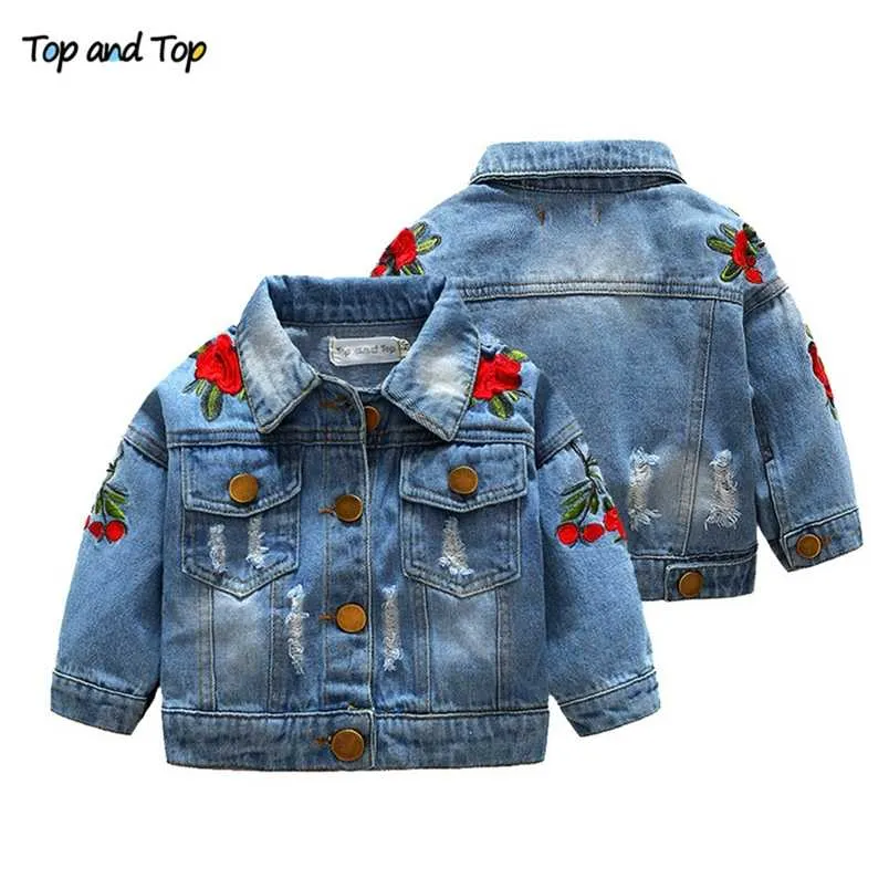 Topp och höst Baby Girls Denim Jacket Coat Kids Rose Broderi Overcoat Fashion Outerwear Barnkläder 211011