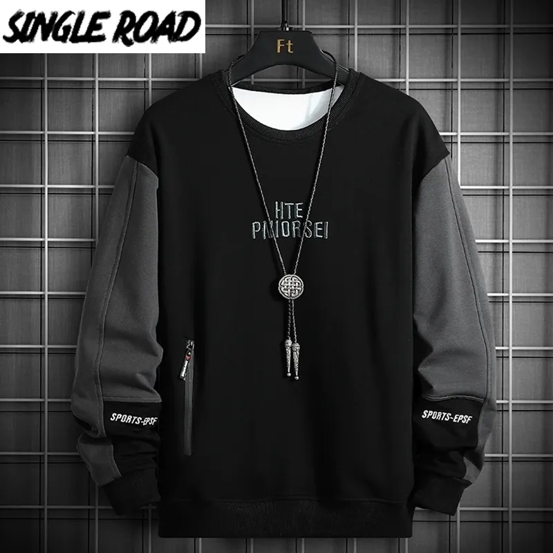 Singleroad Crewneck Sweatshirt Mannen Borduurwerk Patchwork Oversized Japanse Streetwear Hip Hop Black Hoodie Mannen Sweatshirts 201113