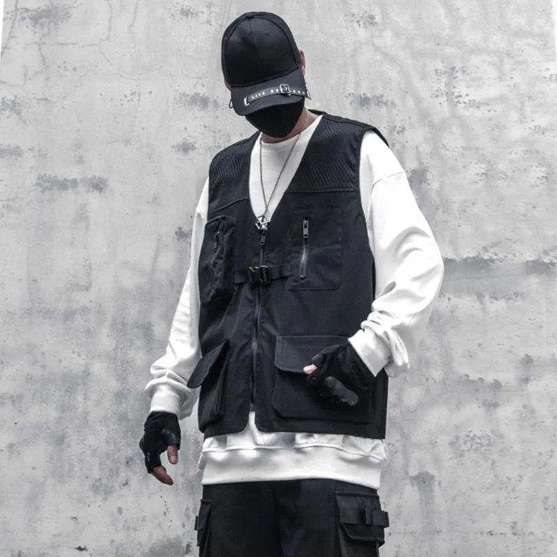 남성용 조끼 멀티 포켓 테크웨어 전술 기능적 Waistcoat Streetwear 힙합화물 조끼 지퍼 민소매 자켓 남성 outwear