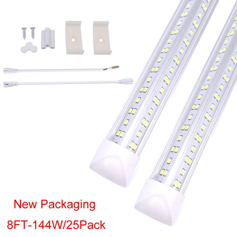 8ft LED -rör Shop Light Fixture T8 8 Foot 144W 14400LM 6000K Tube Clear Cover, V Form Cold White Tubes Light Hight Output Lökor för garage 25st