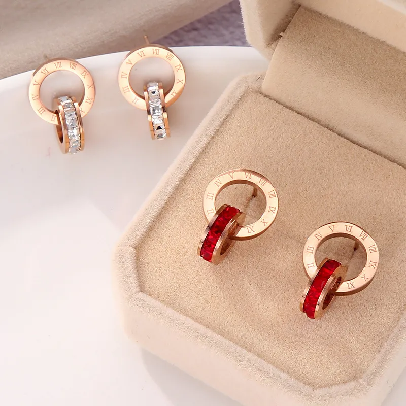 Charm Japan and South Korea new titanium steel non fading double ring Roman numeral red diamond white diamond studded Earrings female Earrings