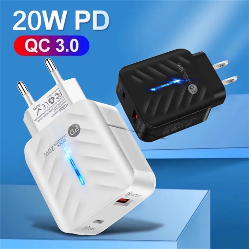 Novas chegadas UE US QC3.0 Venda quente Universal USB + PD 20W Carregador de parede portátil portátil carregador rápido para iphone 13 12 11 pro max pd02 03