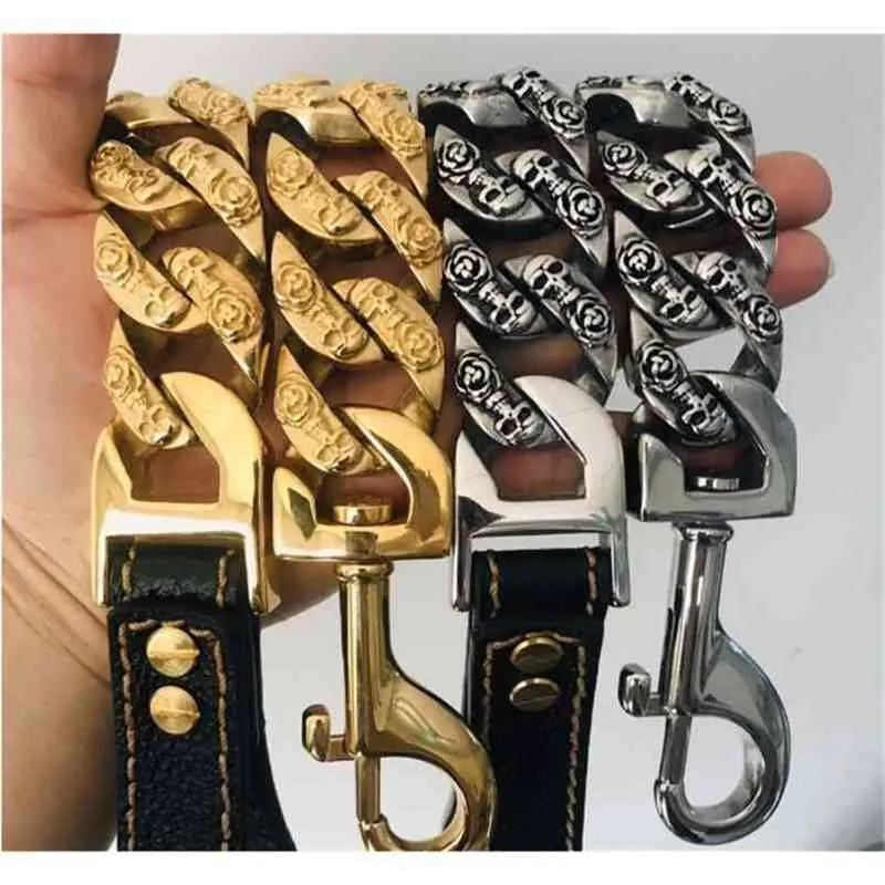 Skull Designer Dog Chain Collar Leash Stainless Steel 32mm Pitbull Bulldog Collar Lead Trainng Collar Large Dog Pet Accessories 210729
