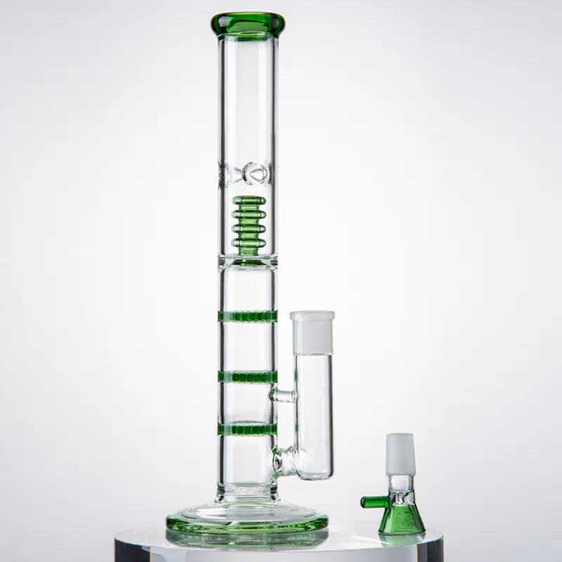 Green Blue Clear Hookahs 12 Inch Straight Tube Glass Bongs Triple BeeComb Perc Birdcage Percolator Water Pipes 18mm Joint Oil Dab Rigs With Bowl