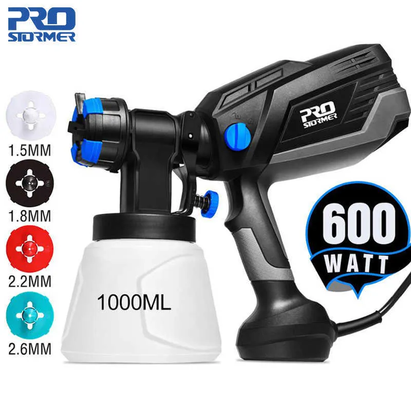 Pistolet de pulvérisation électrique 600W Pistolet de peinture HVLP Pulvérisateur de peinture électrique haute puissance 4 tailles de buse Contrôle de débit Capacité 1000 ml PROSTORMER 210719