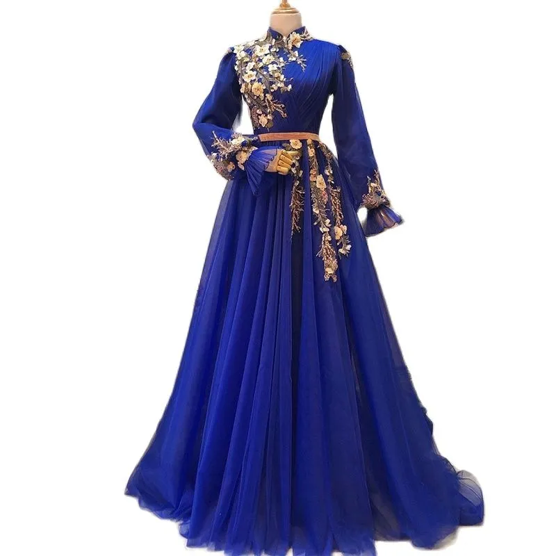 Royal Blue Muslim Evening Dresses 2022 Beaded Appliques Ruched Formal Gown High Collar Full Sleeve Arabic Dubai Specialtillfället P296I