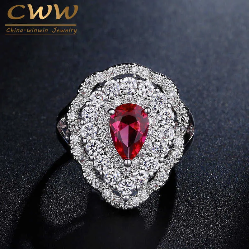 Marka Brilliant CZ Kobiety Biżuteria Duża Kropla Wody Rose Czerwony Cubic Cyrkon Kobiet Ring Na Wedding Party R102 210714