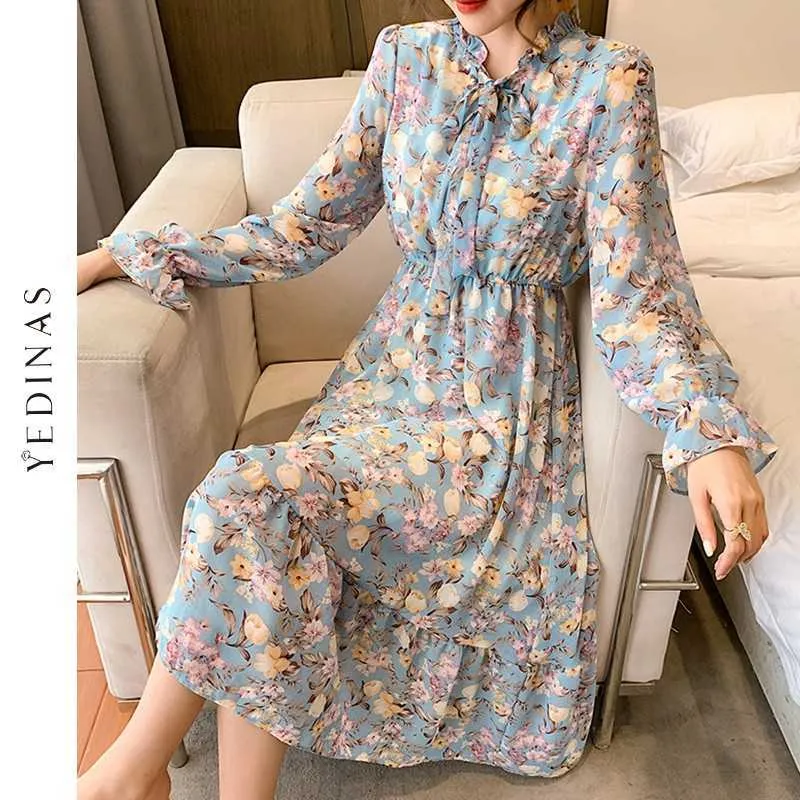 Yedinas Spring Floral版画女性のドレスレースアップ女性プリーツ秋の長いE優雅なスタンドカラーシフォンvestidos 210527