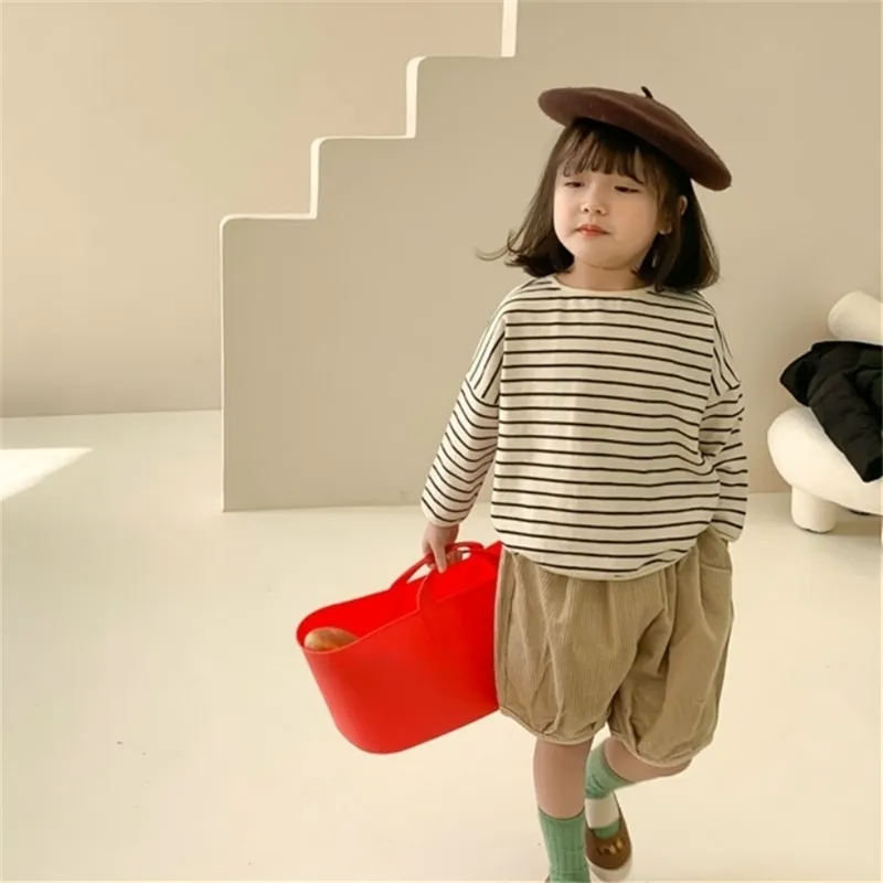 Spring Arrival Girls Long Sleeve Striped T Shirt Kids Cotton Tops Korean Design Clothes 210528