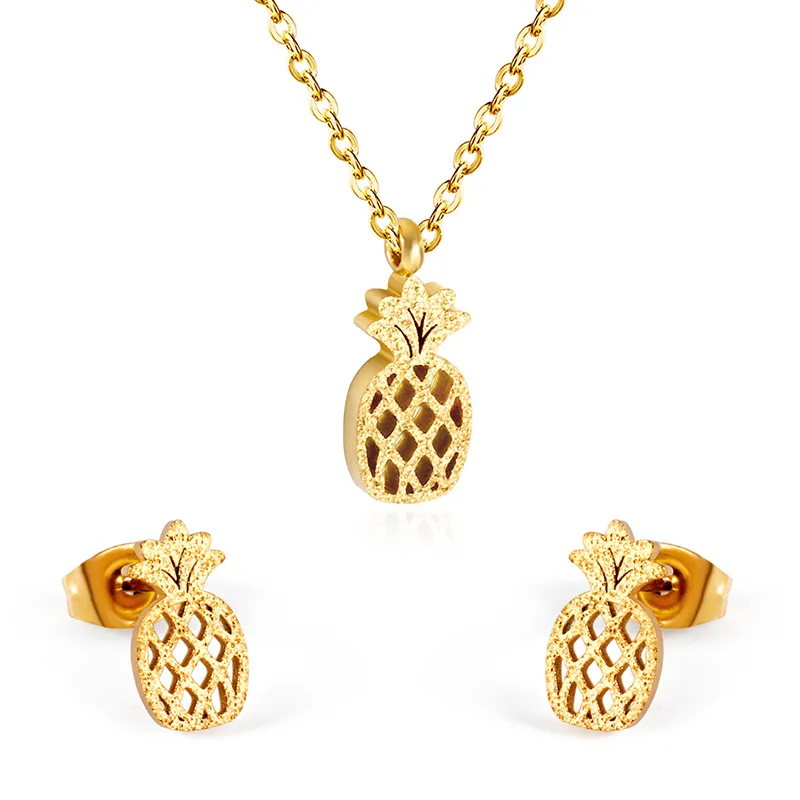 Pineapple Cute Stainless Steel African Earrings Necklace Jewellery Sets Bridal Dubai Gold Color Wedding Jewelry Set For Women Girls