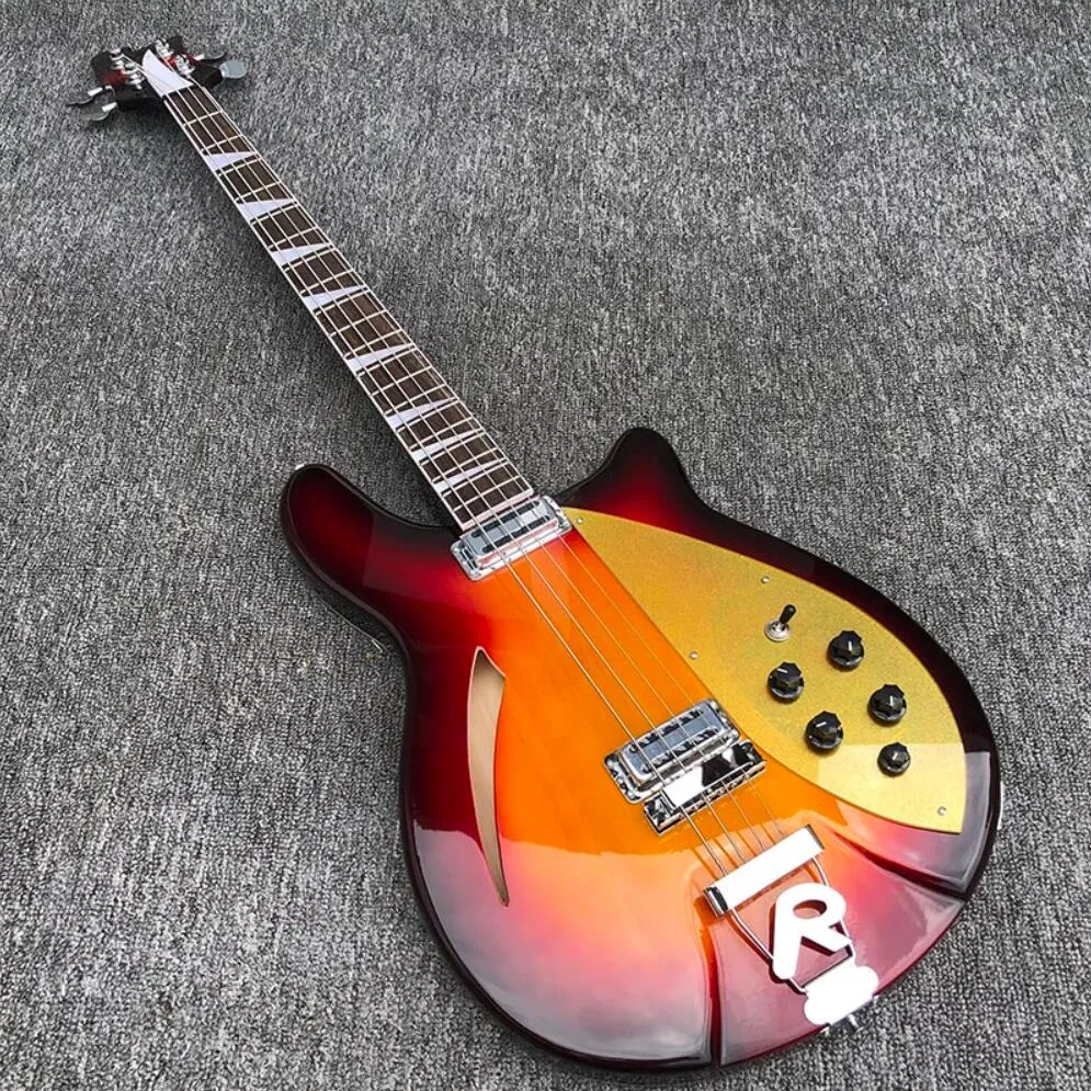 4005 4 ciągi tytoniu Sunburst Fire Glo Jazz Electric Bass Guitar Semi Hollow Ciało, Pojedyncze otwór F, Gold Sparkle PickleGuard, Wiązanie szachownica, Sprzęt chromowany