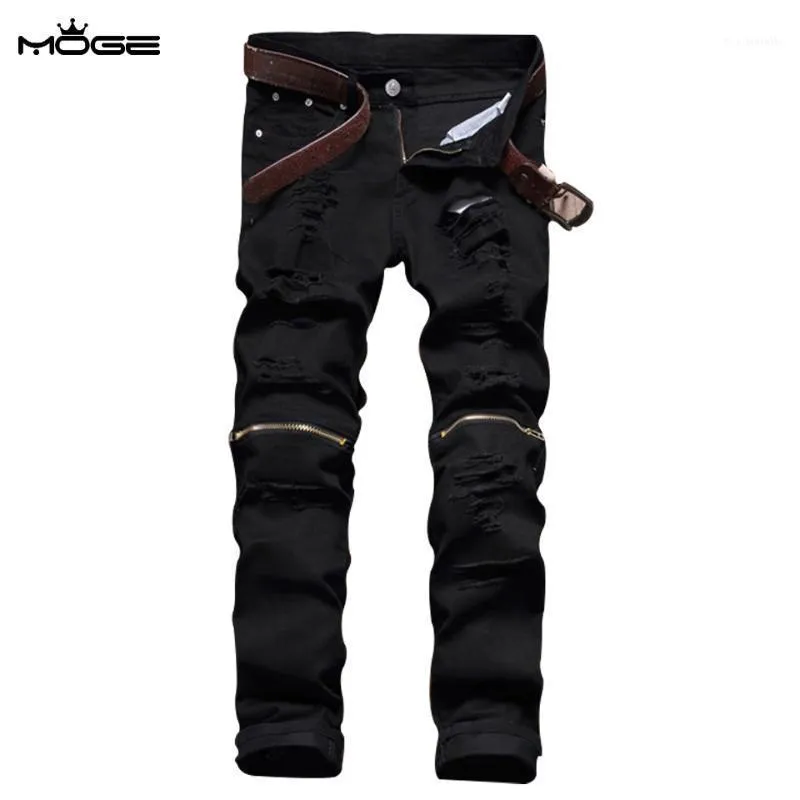 Erkek Kot Moge Erkekler Pamuk Fermuar Siyah Jean Moda Ince Motosiklet Pantolon Erkek Sıkıntılı Pantalon Homme de Marque1