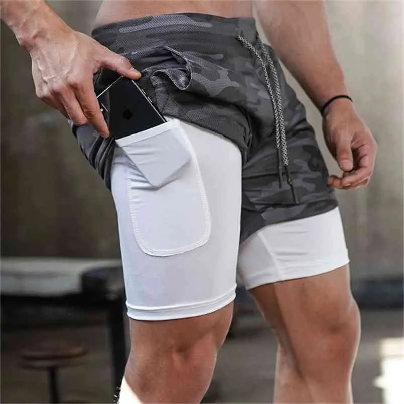 Camo Running Shorts Men 2 In 1 Double-deck Quick Dry GYM Sport Fitness Jogging Workout Sports Short Pants 210721