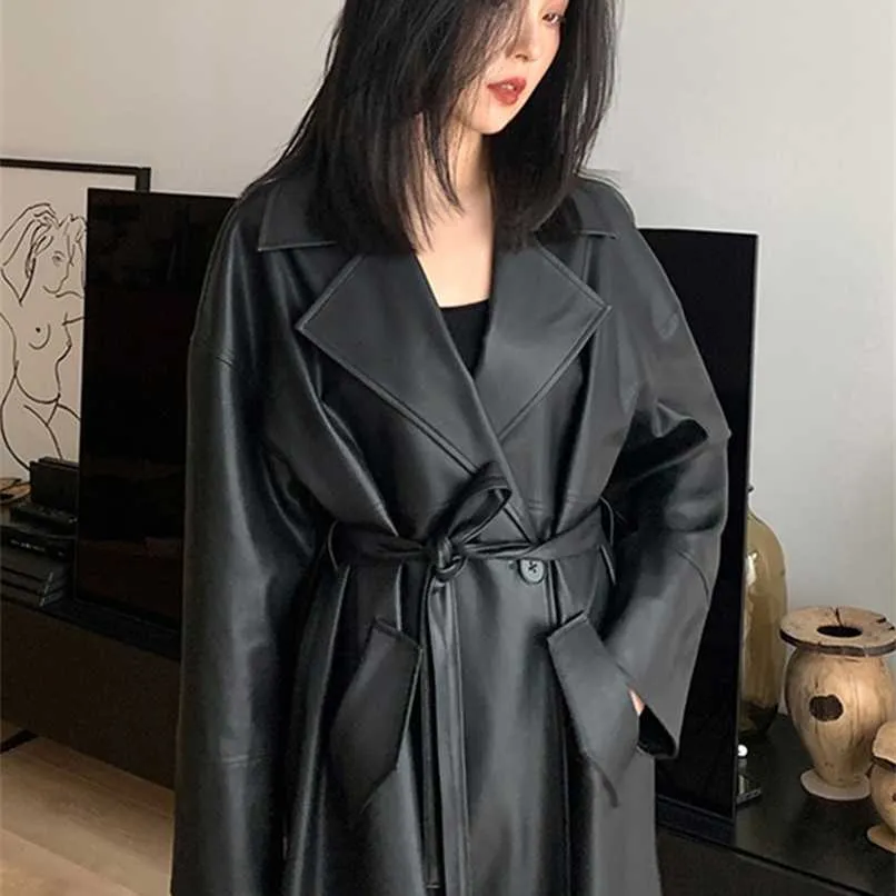 Lautaro Vår Höst Long Oversized Black Leather Trench Coat för Kvinnor Sashes Single Button Loose Stylish Korean Fashion 211007