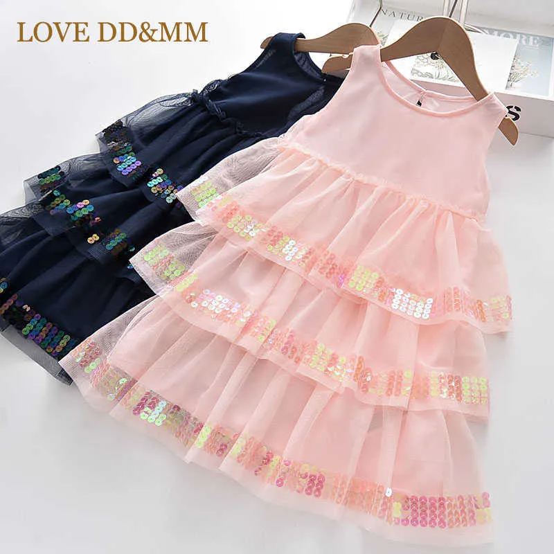 Love DDMMの女の子のドレス夏の甘いレースのメッシュスパンコール層状のケーキベストガーゼドレス3-8歳210715