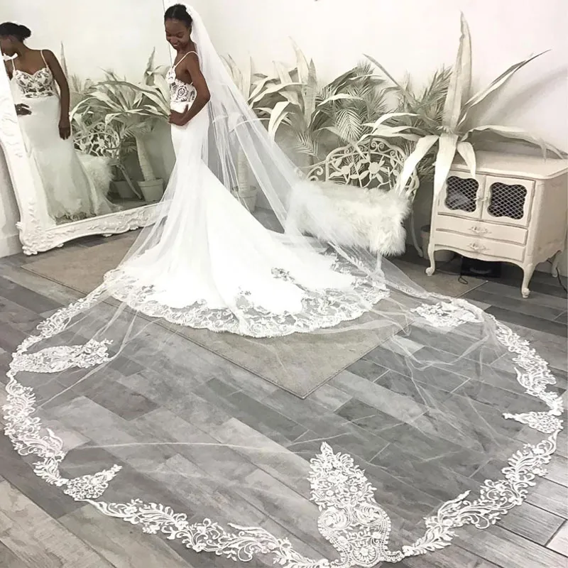 Chapel Wedding Veil 2.5M Long One Layer Lace Appliqued Edge, Soft