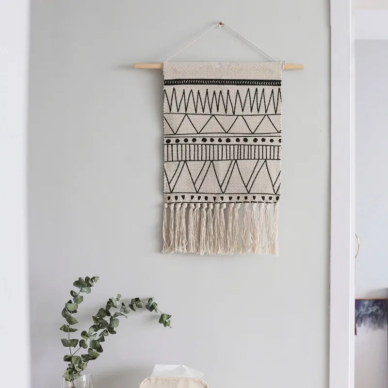 Marocko hängande tapestry geometrisk golv matta matta svart vit linje matta nordisk boho macrame wandkleed hem sovsal vägg dekor 210310