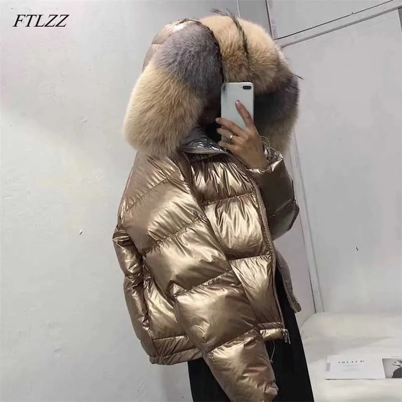 FTLZZ Donna Double Sided Silver Golden Duck Down Coat Inverno Grande collo di pelliccia Giacca impermeabile con cappuccio Capispalla da neve 211008