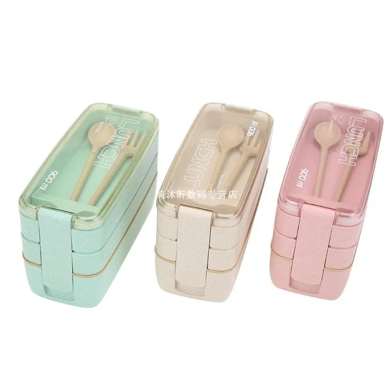 900ml 3 Layers Bento Box Eco-Friendly Lunch Box Food Container Wheat Straw Material Microwavable Dinnerware Lunchbox 300 S2