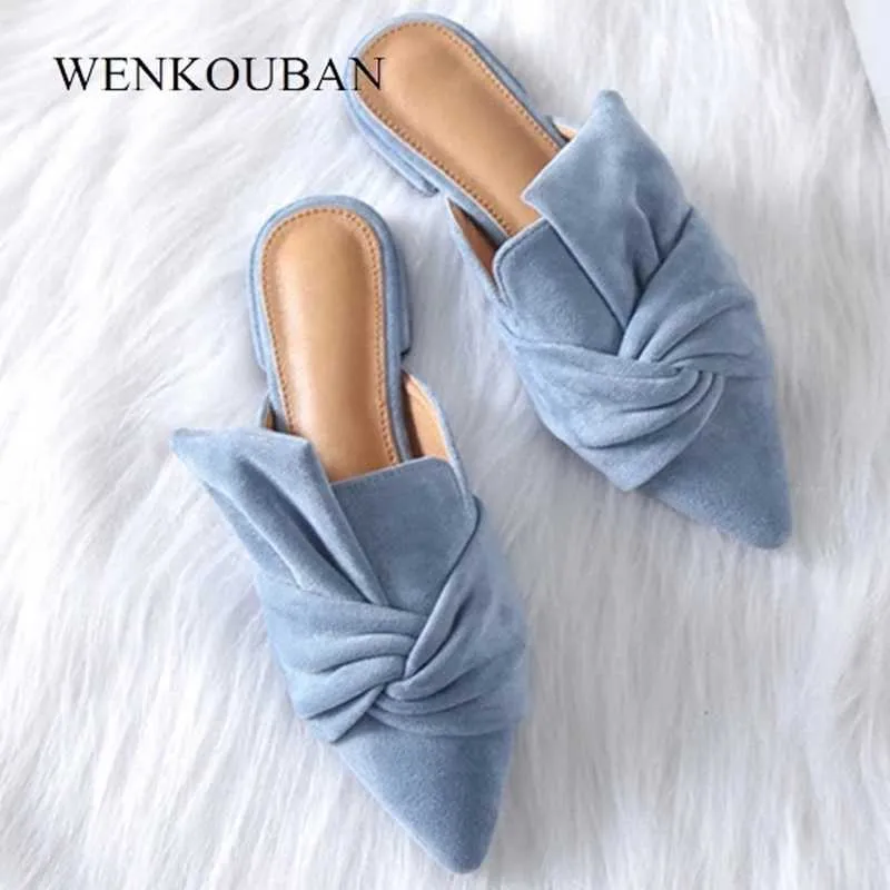 Kvinnor Sandaler Sommar Kvinna Plattskor Flock Bowtie Tofflor Ladies Fashion Low Heels Mules Elegant Blå Sandales Femme 2021 Y0721