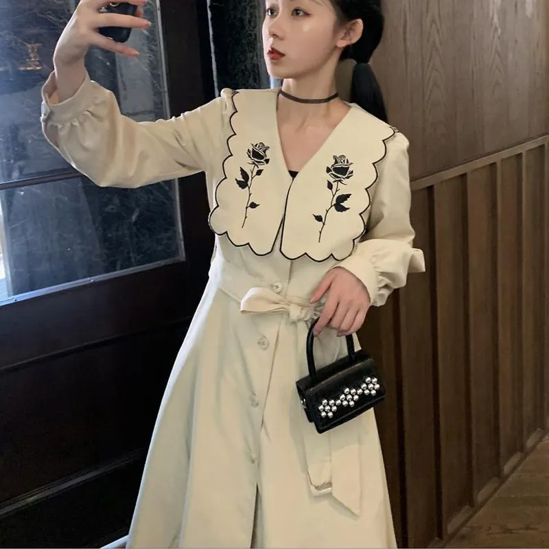 Korean One-Piece Dress French Rose Embroidery V-neck Blazer Dress Women Slim Elegant Party Dress Women Fashion Clothing New 210226