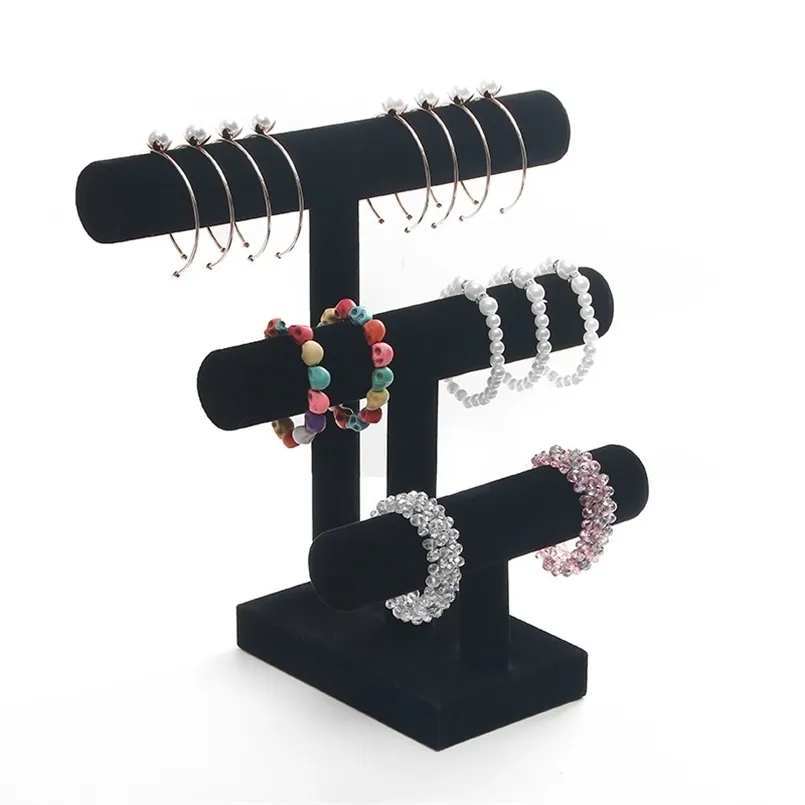3 niveaux de velours noir détachable bracelet chaîne montre t-bar rack organisateur de bijoux support de présentoir dur 211105