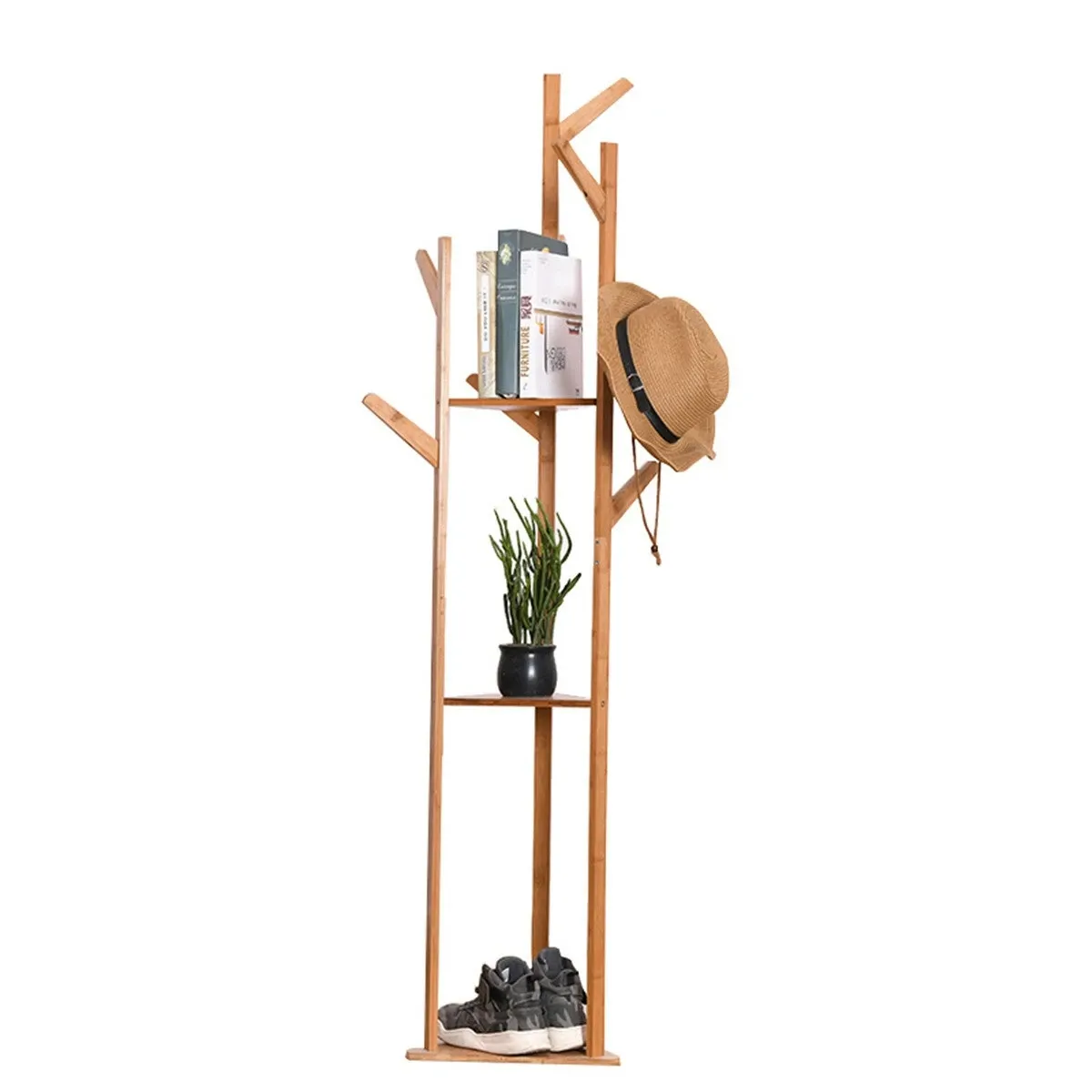 8 krokar Bamboo Coat Hat Rack Kläder Scarf Holder Stående trädformad arrangör