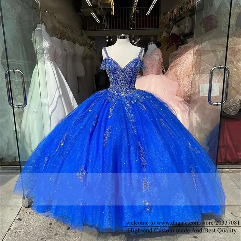 Abiti Quinceanera 2021 Blu Principessa Perline Paillettes Party Prom Formale Scollo a V Appliques Crystal Tulle Ball Gown Lace Up Abiti De 15 Anos Q05