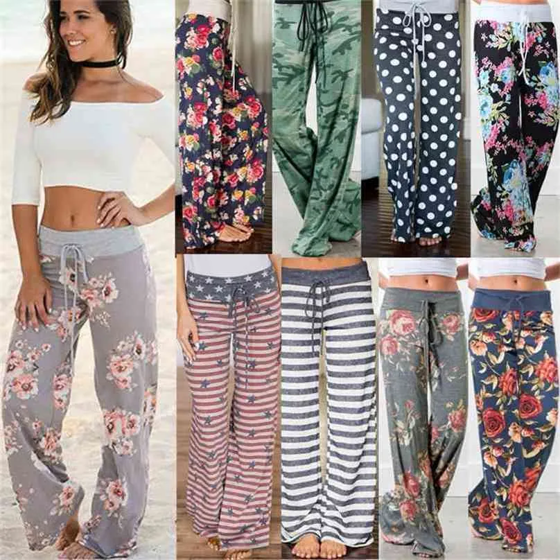 Leosoxs Vår Höst Loose Beach Kvinnors Byxor Fashion Blom Print Drawstring Wide Leg Långa Sweatpants Plus Size 210915