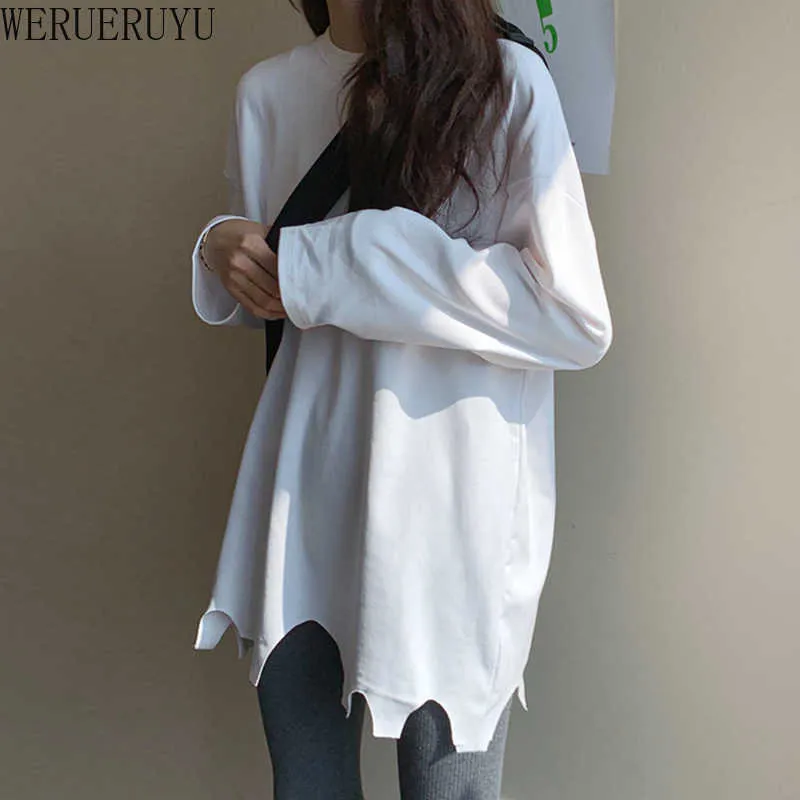 Werueruyu женская дыра хип-хоп с длинным рукавом футболка негабаритная футболка TEE верхний женский корейский стиль винтажный дворик 210608