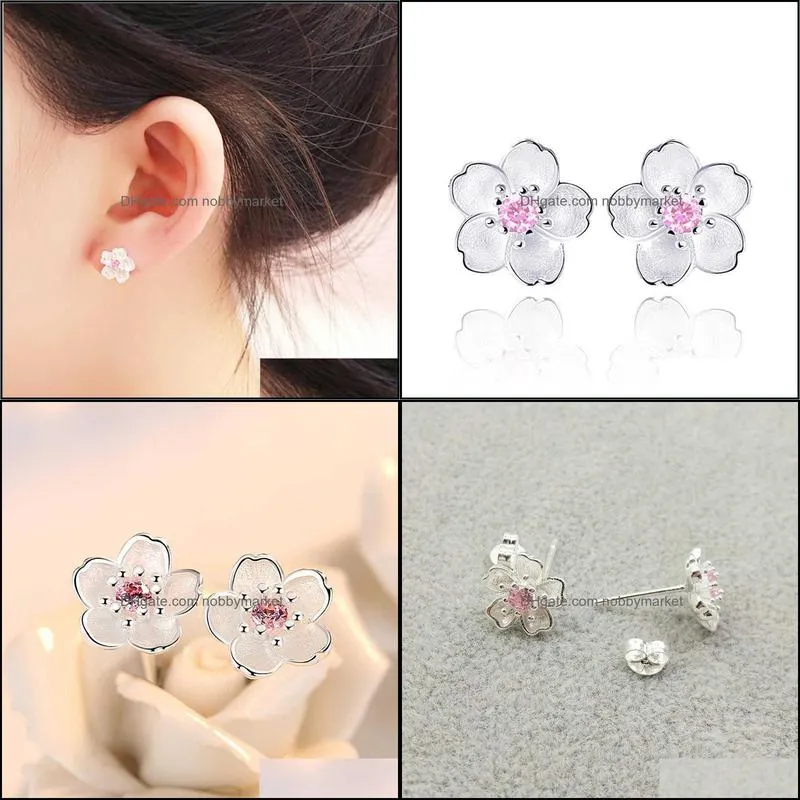 Silver 925 Jewelry Sterling Earrings Cherry Blossom Inlaid Pink Zircon Ear Studs Simple and Popular for Women